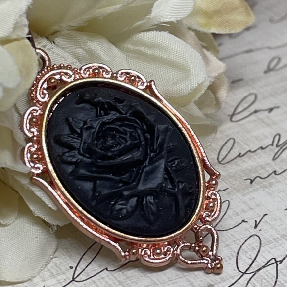 Gothic Steampunk Halloween Rose Gold Necklace Black Rose Cameo Witch Jewelry New - Picture 5 of 16